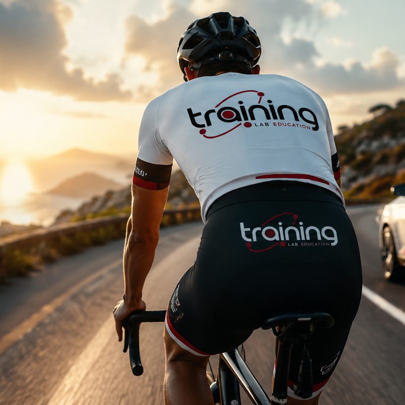 Ciclista in allenamento su strada costiera al tramonto